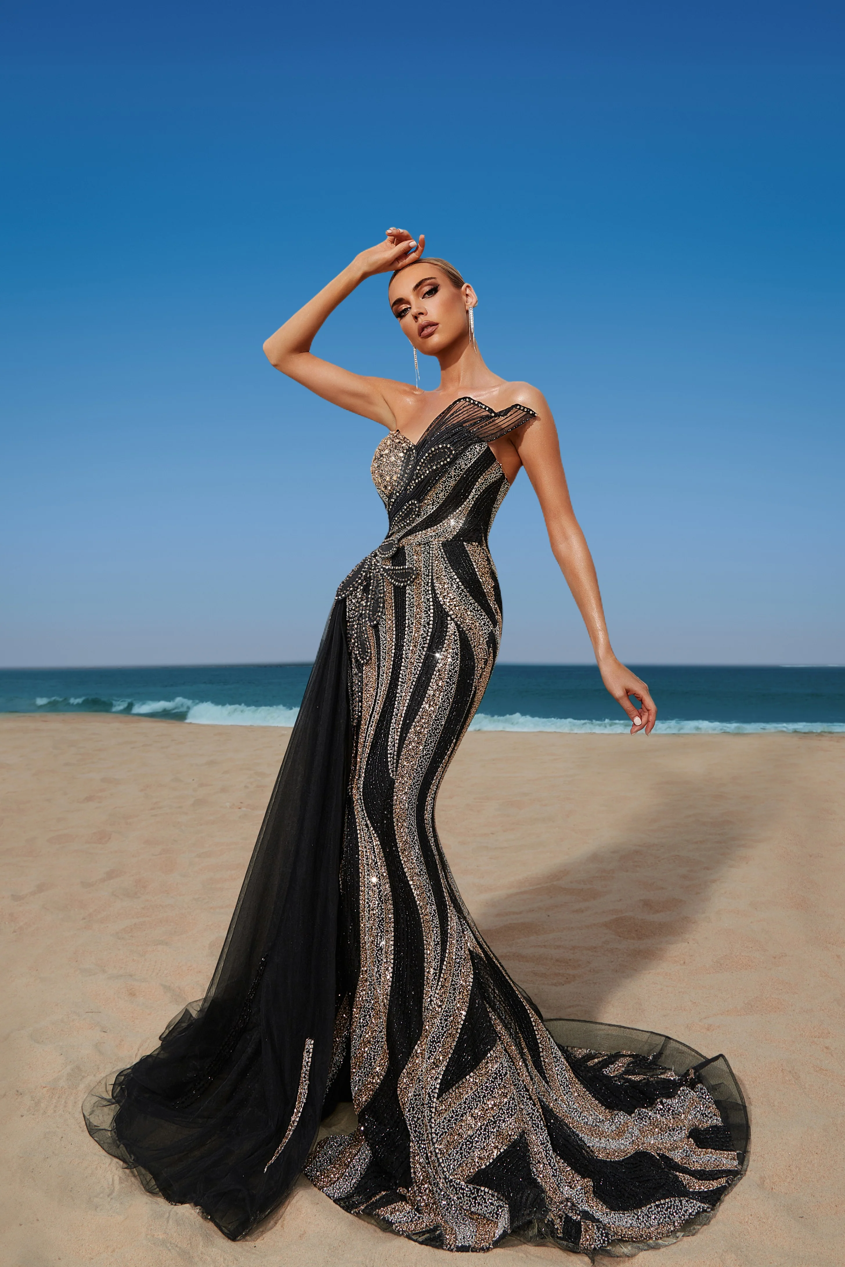 Green Prom Dresses Teal Color Evening Gowns Gorgeous Plunging Neck Cloak  Sleeves Beaded Sequin Formal Dresses