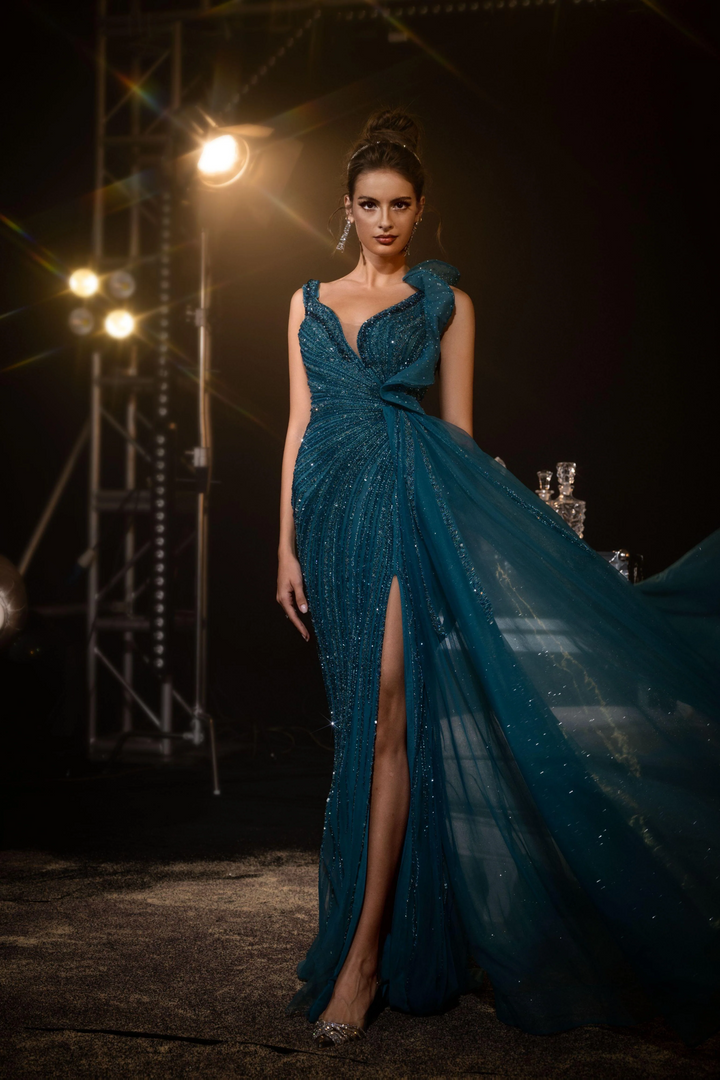Gothic Teal Green Designer Sequin Gown with Draped Shoulder Detail - Teal Sequins Evening Gown and Side Slit Plus Size