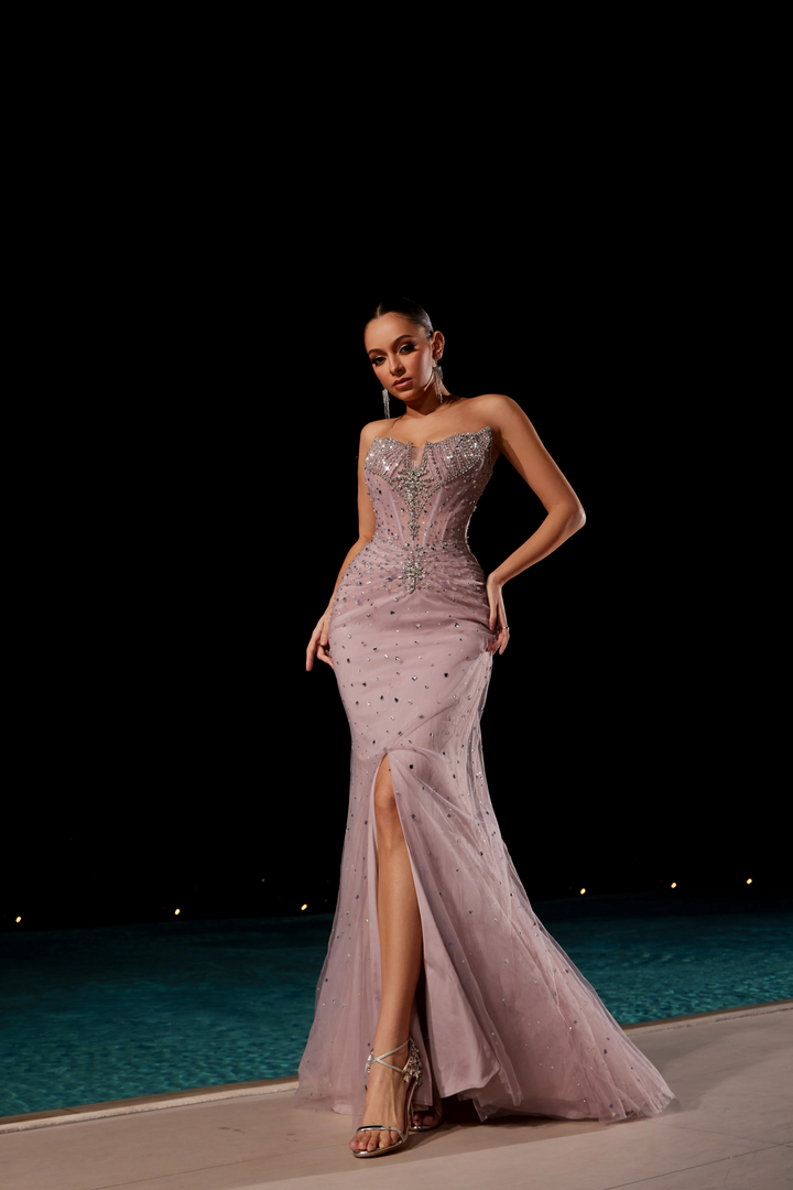 White Strapless Glitter Dress with High Slit - Embellished Gown with Beaded Detailing – Pink Sequin Dress Plus Size