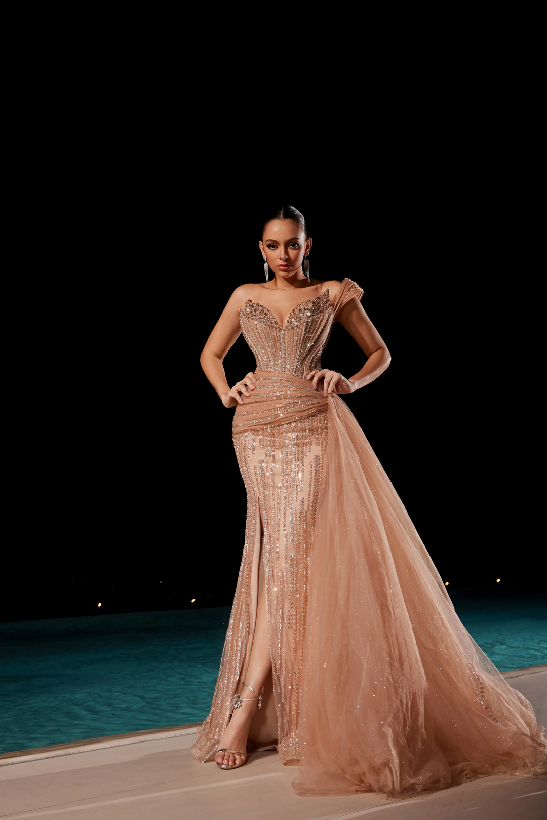 Champagne Glitter Maxi Dress with High Slit and Beaded Floral Detailing – Embellished Gown with Sheer Tulle Train Plus Size