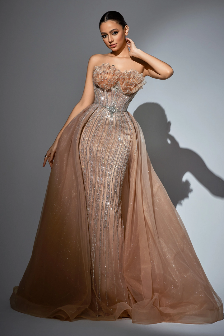 Black Sequin Evening Gown with Beaded Corset – Strapless Glitter Maxi Dress with High Slit and Sheer Train Plus Size