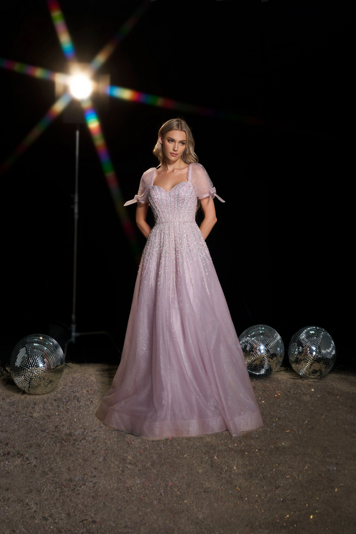 Blush Pink Embellished Gown with Puff Sleeves -  Pretty Sequin Dress with Sweetheart Neckline - Pink Sequin Dress Plus Size