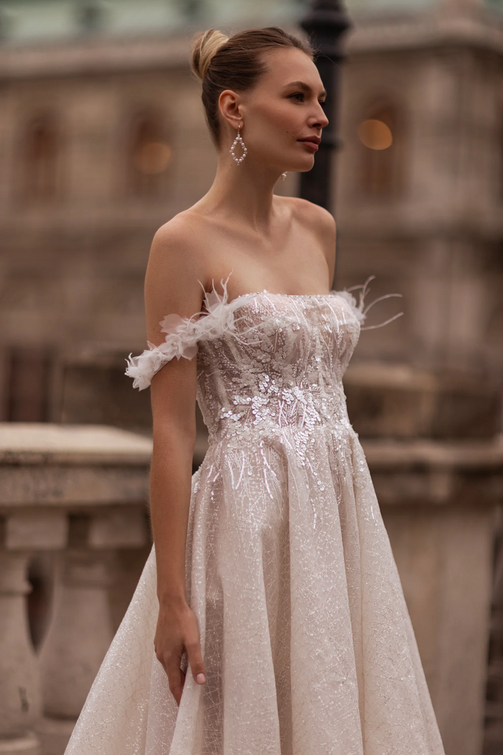 Off Shoulder Wedding Dress with Lace Sleeves – Elegant Wedding Dress with Embellishments and Chiffon Floral Hem Plus Size