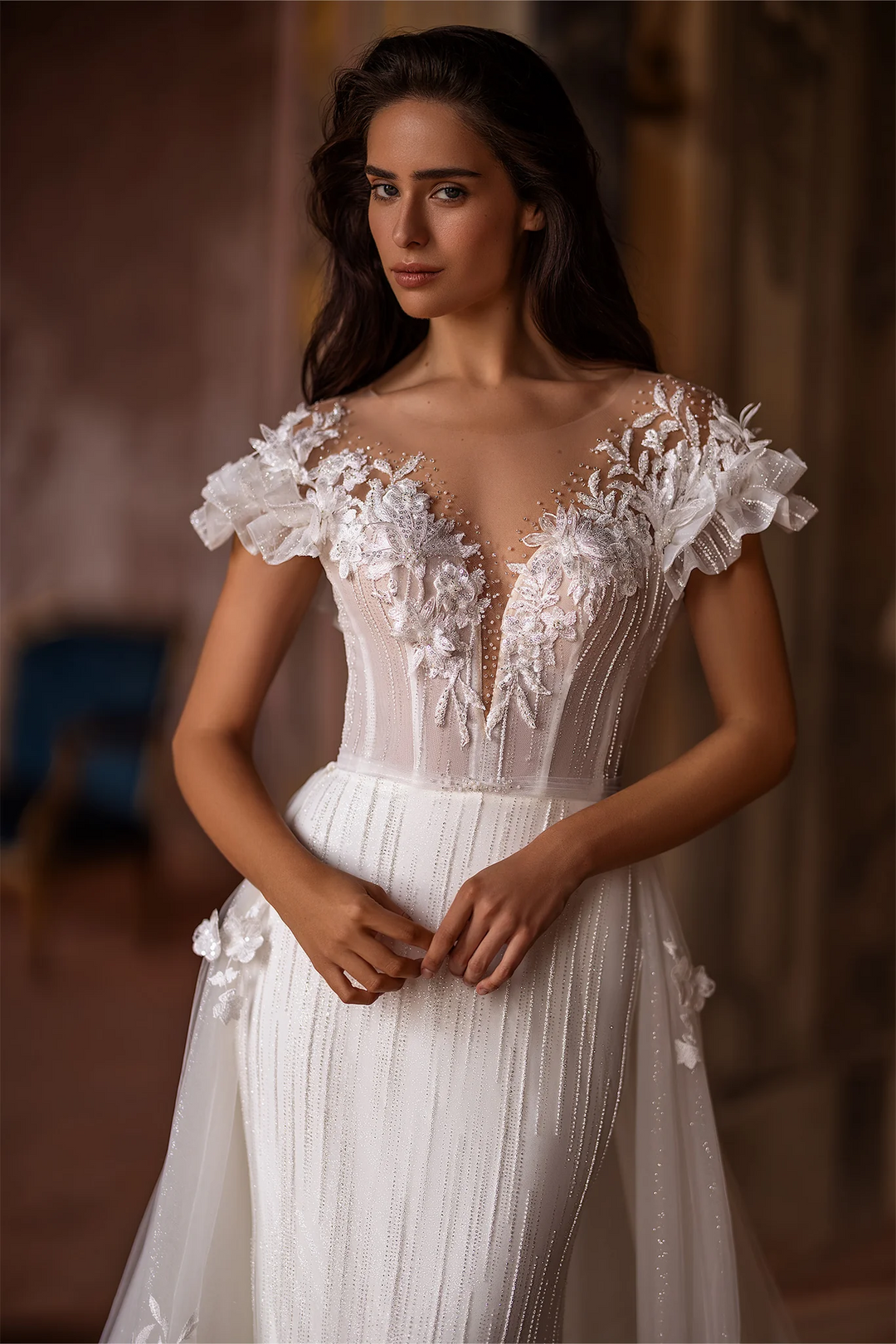 Ivory Lace Floral Wedding Dress with Puffed Sleeves and Convertible Train –  Tulle Mermaid Wedding Gown with Flower Embellishments Plus Size