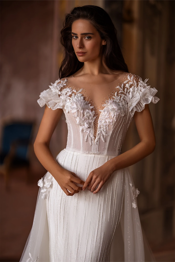 Ivory Lace Floral Wedding Dress with Puffed Sleeves and Convertible Train –  Tulle Mermaid Wedding Gown with Flower Embellishments Plus Size