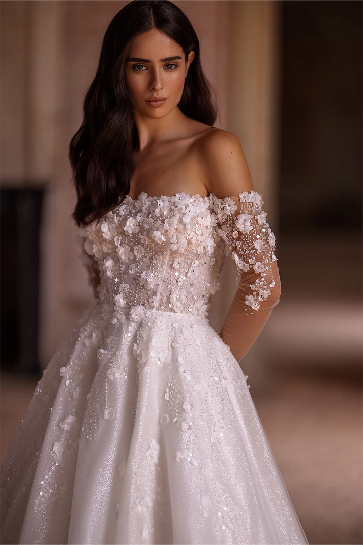 Ivory Floral A-Line Wedding Dress with Low-Cut Neckline – Off-Shoulder Wedding Dress with Pearly Sequins and Floral Motif Plus Size