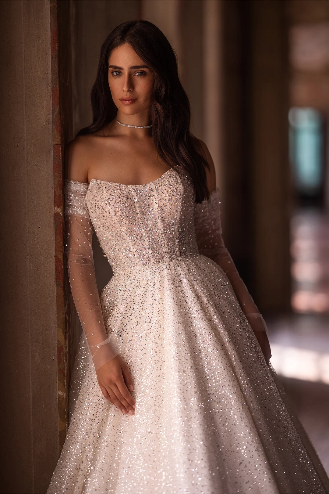 Ivory Lace A-Line Wedding Dress with Convertible Off-the-Shoulder Sleeves – Strapless Wedding Dress with Sequin and Long Train Plus Size