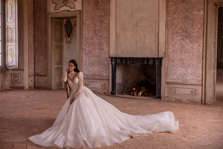 Ivory Long Sleeves Wedding Dress - Sparkly Ball Gown Wedding Dress with Jeweled Illusion Back – Embellished Gown with A-Line and Feminine Accents Plus Size