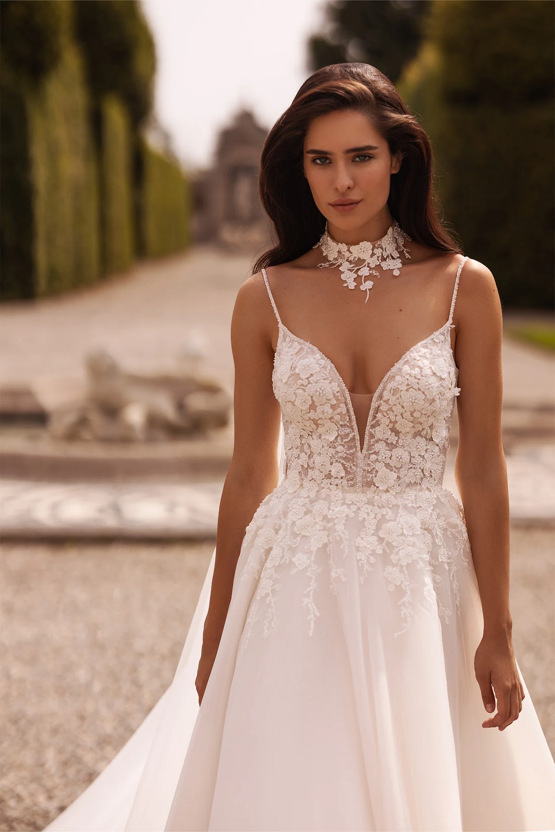 Ivory A-Line Wedding Dress with Floral Guipure Bodice and Sheer Skirt – Spaghetti Strap Wedding Gown with Flowing Veil Plus Size
