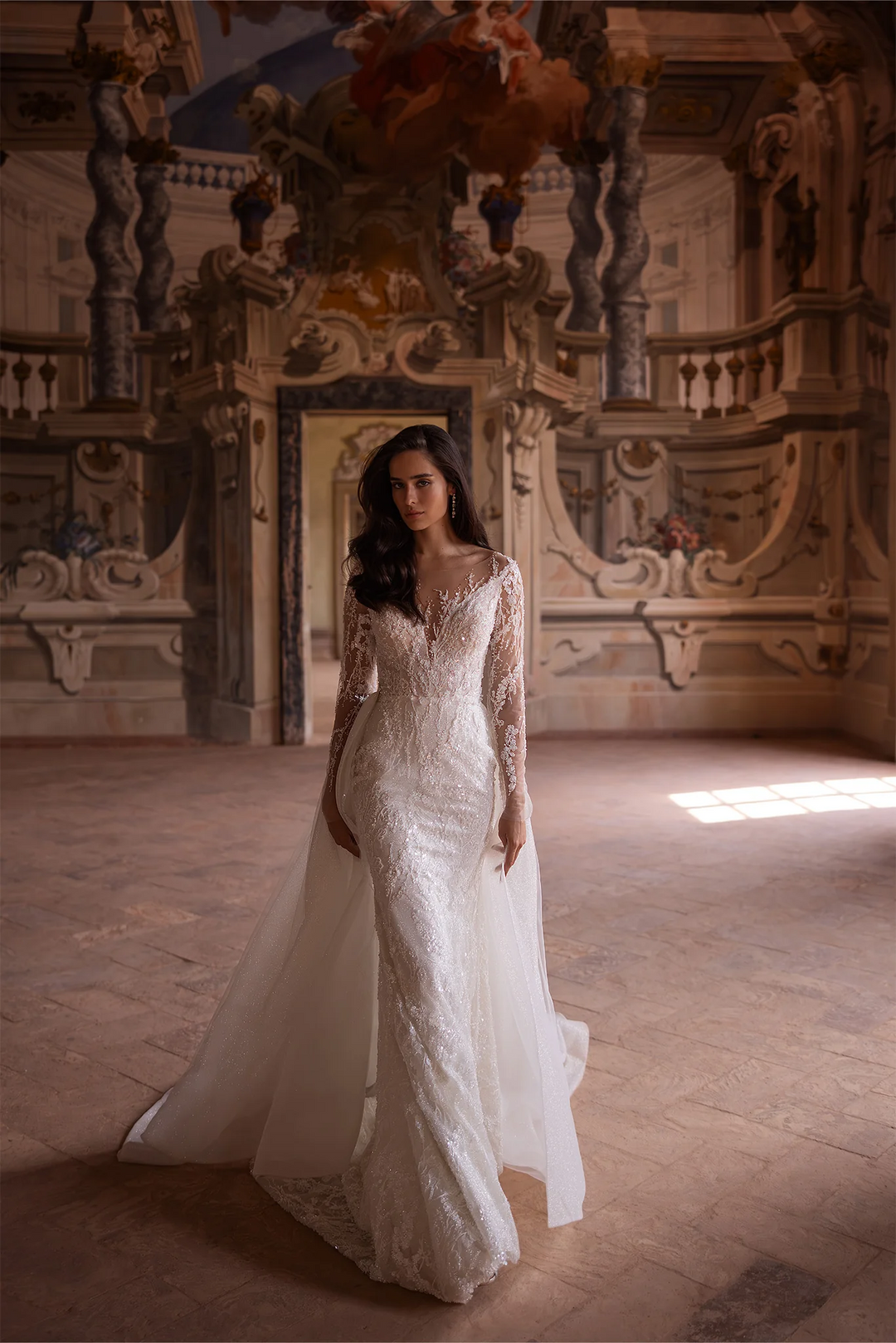 Ivory Tulle Mermaid Wedding Dress with V-Neck and Long Sleeves – Embellished Wedding Gown with Jeweled Details and Train Plus Size