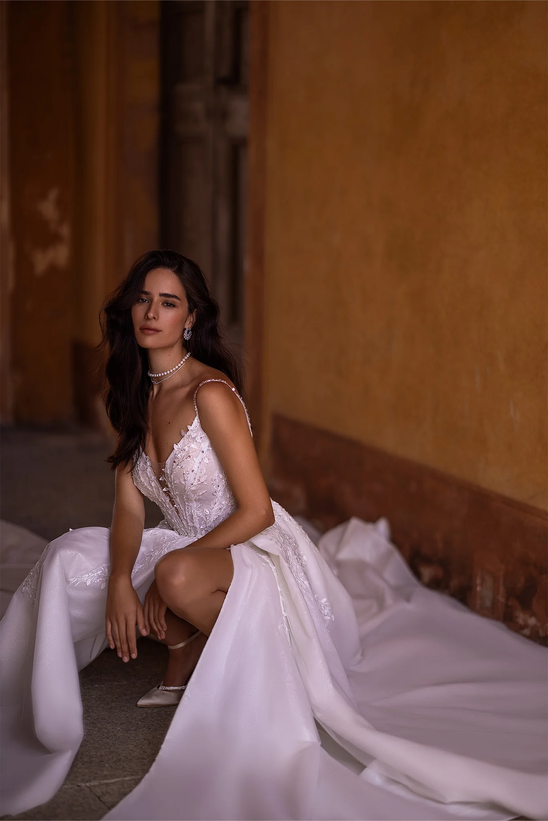 Ivory Satin Wedding Dress with V-Neck and High Thigh Slit – Spaghetti Strap Wedding Gown with Sparkling Detailing Plus Size