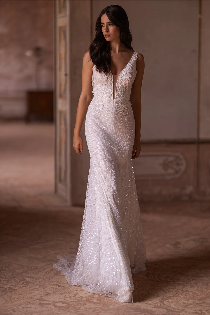 Ivory Mermaid Wedding Dress Beaded with Deep V-Neckline and Bow Detail – Convertible Wedding Gown with Sequin Plus Size