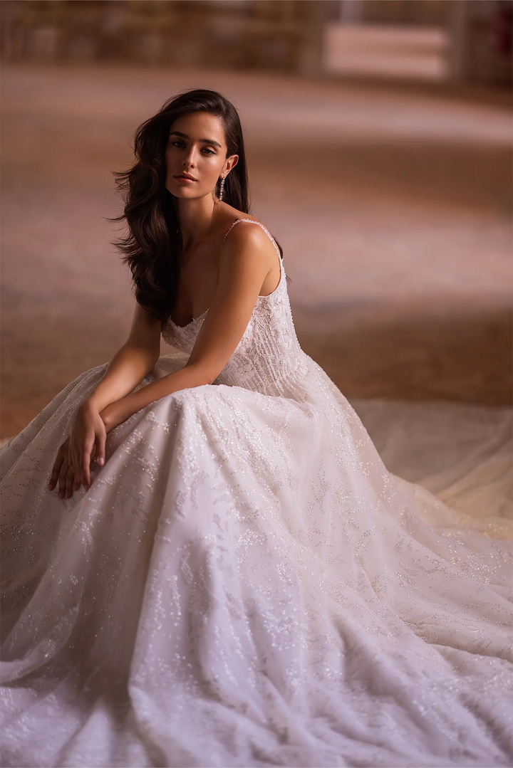 Ivory A-Line Wedding Dress with Floral Guipure Bodice – A-Line Spaghetti Strap Wedding dress with Floral Train Plus Size