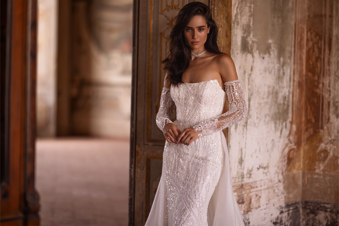 Ivory Tulle Mermaid Wedding Dress with Sparkling Embellishments – Off-Shoulder Wedding Gown with Sheer Train and Detachable Sleeves Plus Size