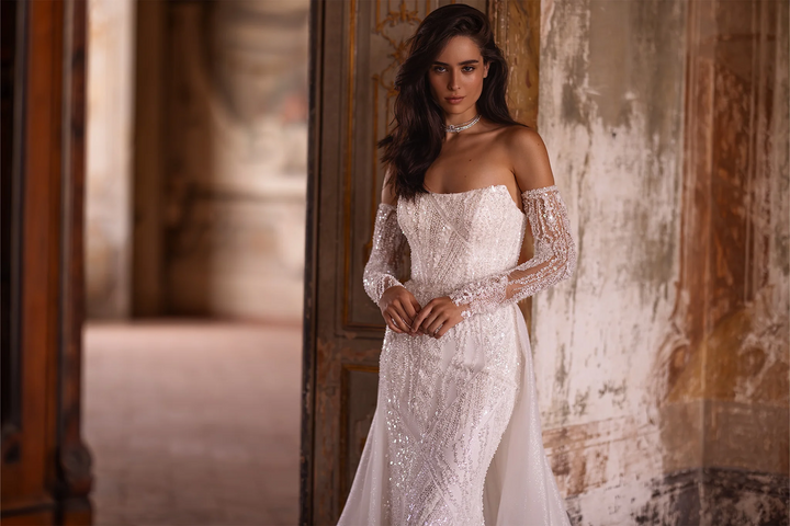 Ivory Tulle Mermaid Wedding Dress with Sparkling Embellishments – Off-Shoulder Wedding Gown with Sheer Train and Detachable Sleeves Plus Size
