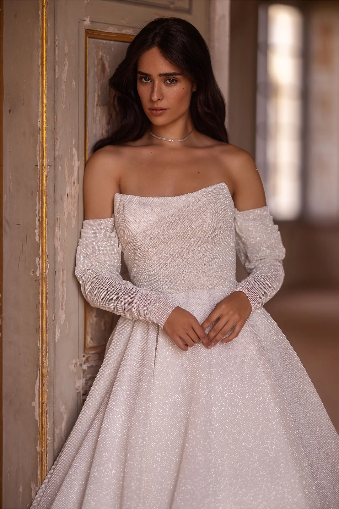 Ivory Sequin Wedding Dress with Off-the-Shoulder Sleeves – Sheer Sleeve Wedding Gown with Flowing Train Plus Size
