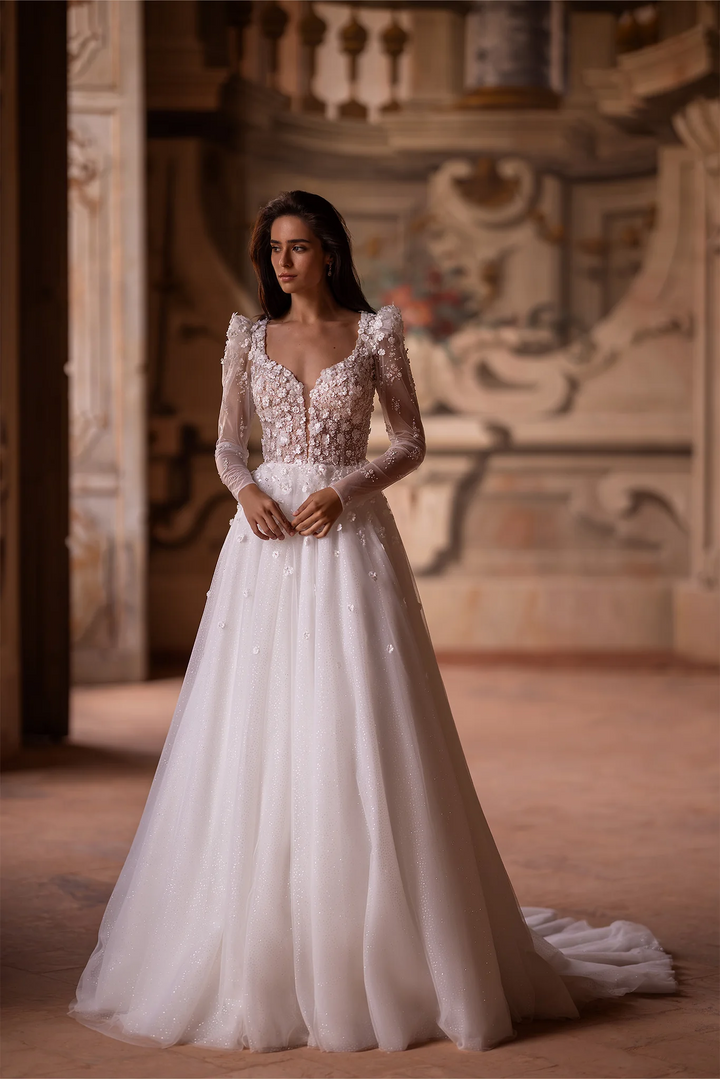 Ivory Lace A-Line Wedding Dress with Floral Embellishments – Long Sleeves Wedding Gown with Delicate Floral Detailing Plus Size