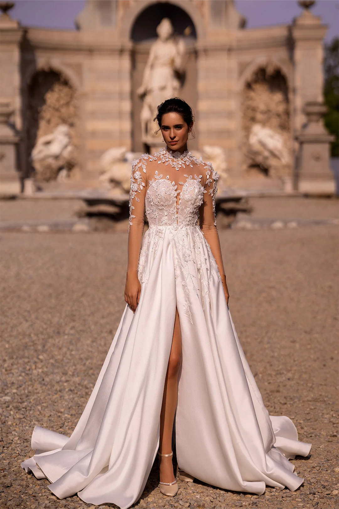 Ivory Satin Wedding Dress with Thigh Slit and V-Neck – Floral Embroidered Wedding Gown with Floral Long Sleeves Plus Size