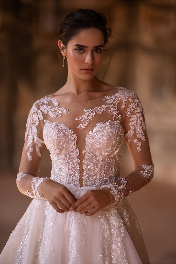 Ivory Long Sleeves Wedding Dress with V-Neck – Floral Wedding Dress with Flowing A-Line Skirt Plus Size