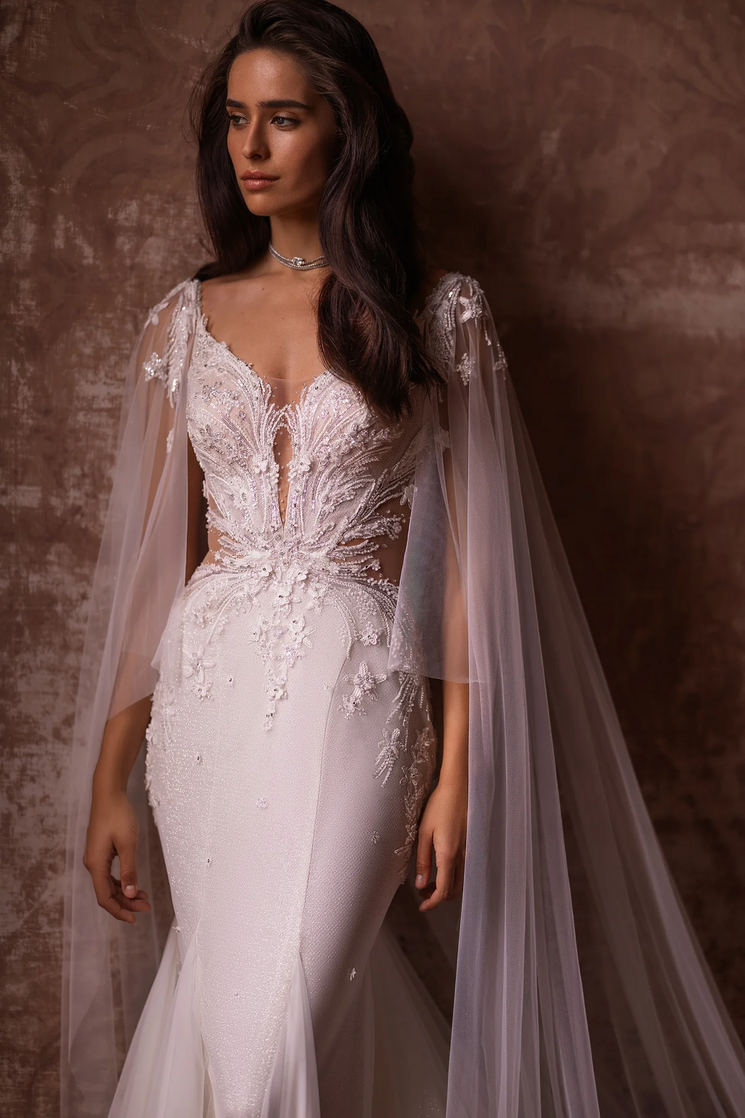 Ivory Tulle Mermaid Wedding Dress with Lace and Sheer Train – V-Neck Wedding Gown with Floral Lace Bodice and Sheer Veil Plus Size
