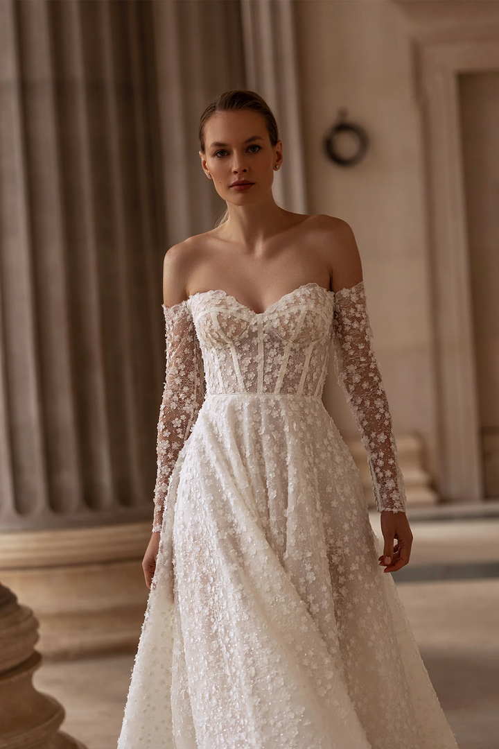 Strapless A-Line Wedding Dress with Lace Long Sleeves – Floral Embellished Wedding Gown with Romantic Details Plus Size