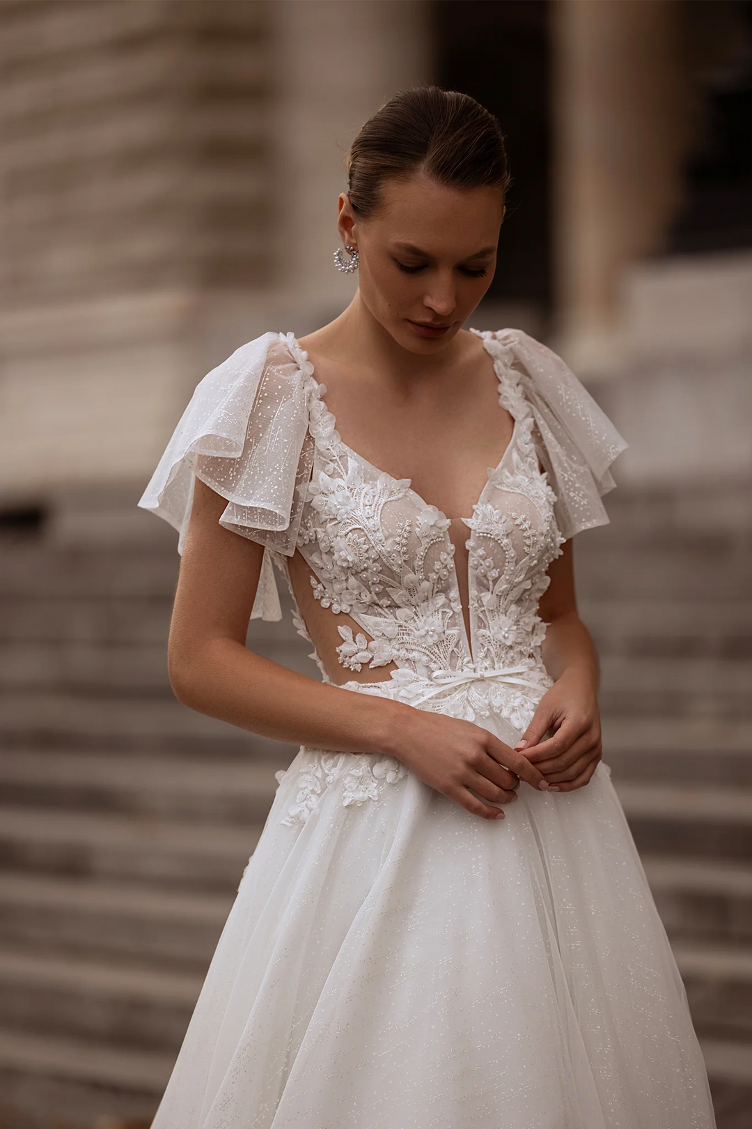 Floral Wedding Dress with Leaf Straps – Chiffon Bridal Gown with Pearl Details and Jewel Embellishments Plus Size