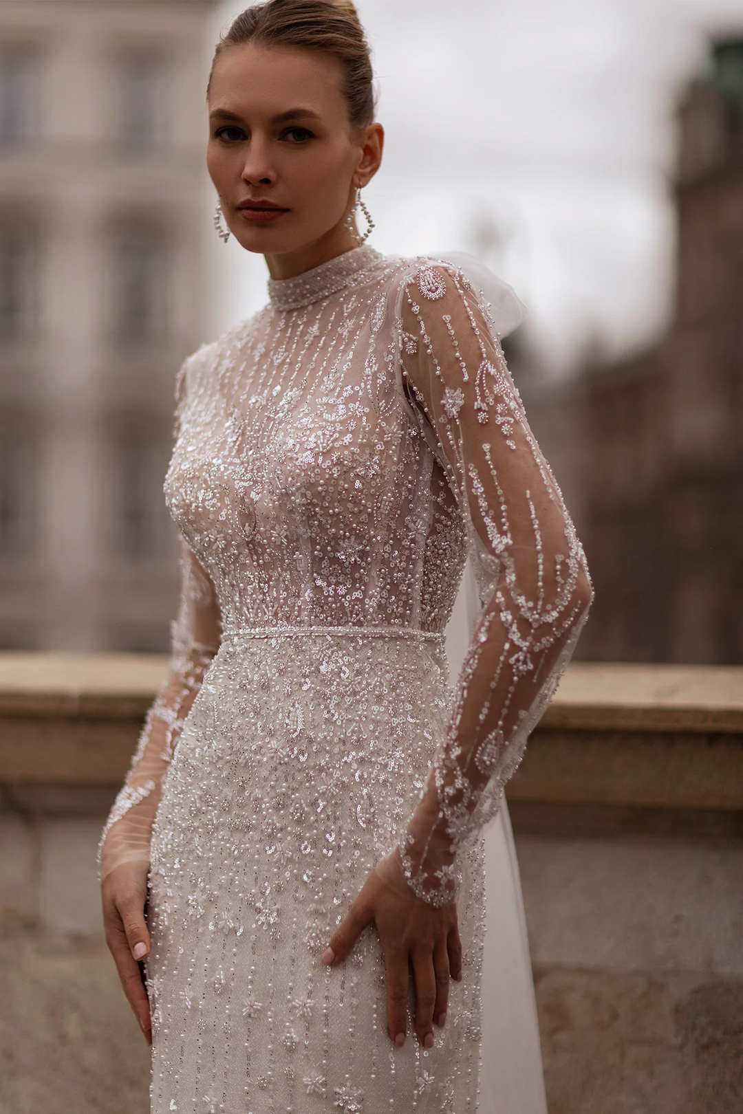 High Neck Wedding Dress for Wedding - Long Sleeves Wedding Dress – Sequin Wedding Gown with Open Back and Bow Train Plus Size