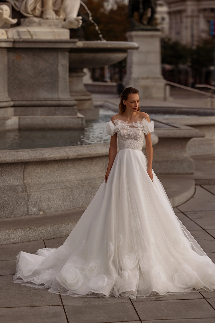 Off Shoulder Wedding Dress with Floral Sleeves – A-Line Tulle Wedding Gown    with Pearl Trim and Peony Appliqué Plus Size