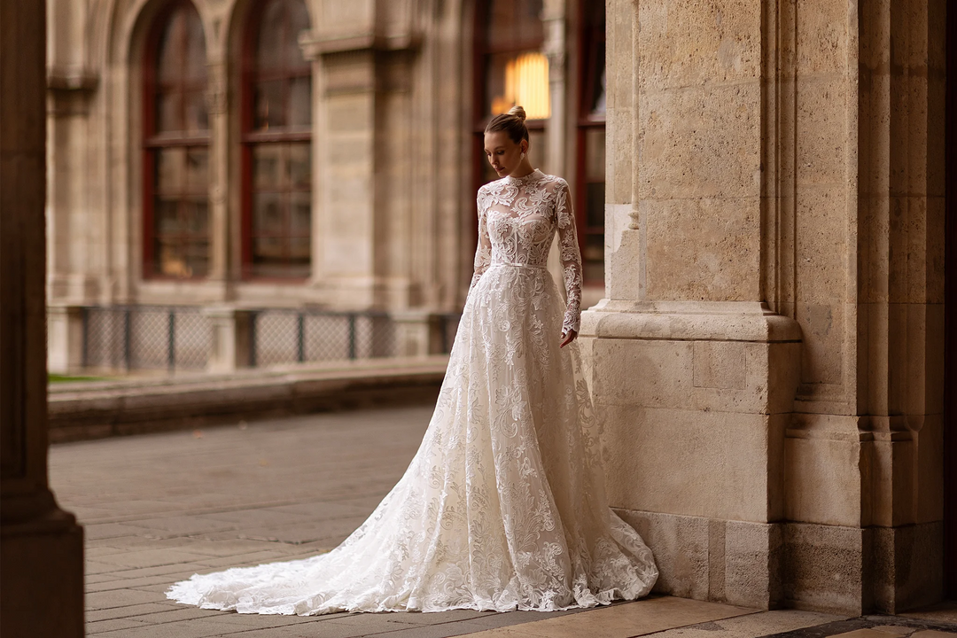 High Neck Wedding Dress with Long Sleeves – Wedding Gown Open Back Lace    with Waist Bow Plus Size