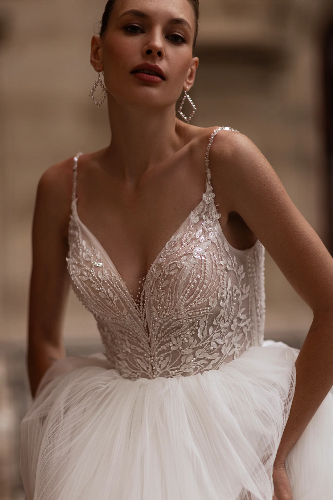 Spaghetti Strap Wedding Dress with Tiered Skirt – Layered Tulle Ruffle Dress with Pearl Leaf Bodice and Sheer Layers Plus Size