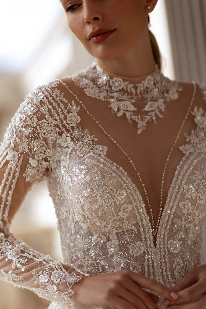 A-Line Wedding Dress with High Neck – Long Sleeves Wedding Dress with Floral Lace and Rhinestone Details Plus Size