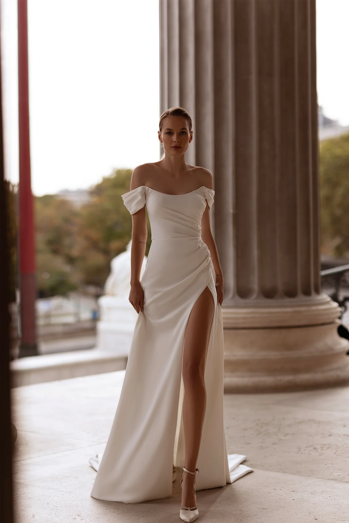 Off Shoulder Satin Wedding Dress with Optional Long Sleeves – Draped Bridal Gown with Lace Detail and Side Slit Plus Size