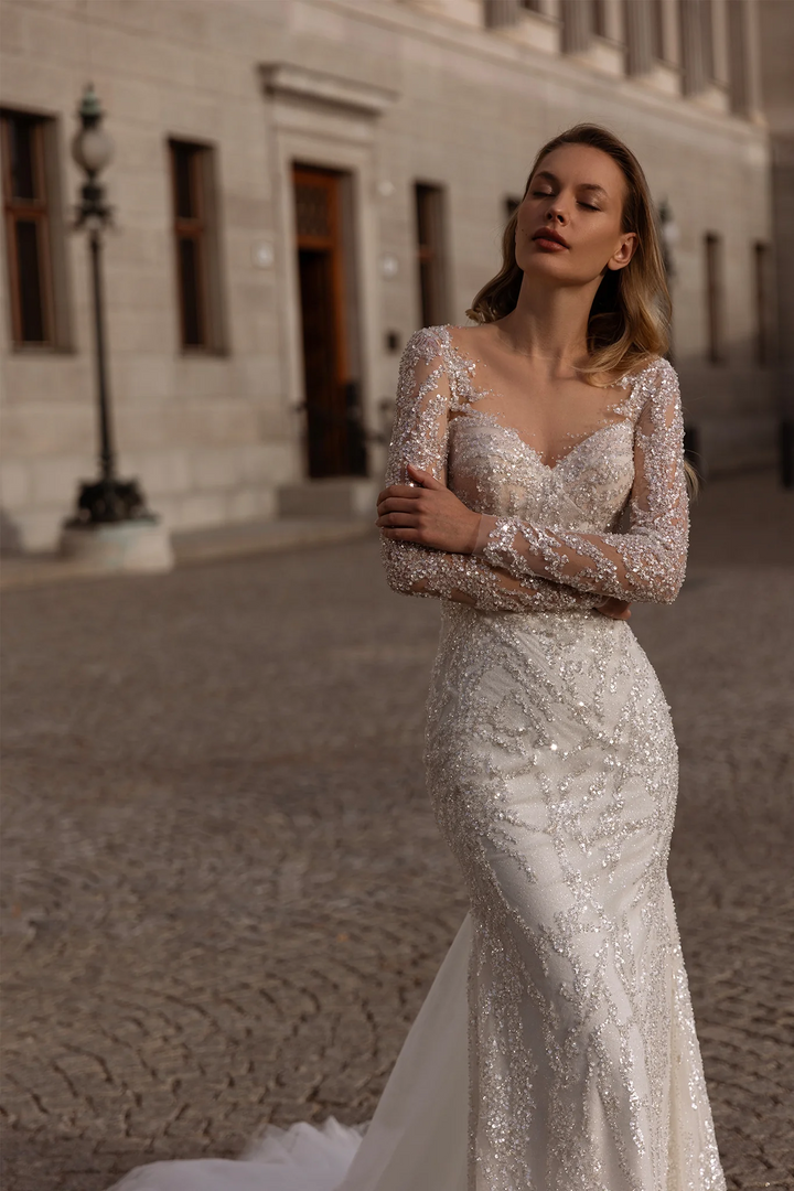 Mermaid Wedding Dress with Sequins – Sparkling Bridal Gown with Optional Sheer Train and Open Back Plus Size