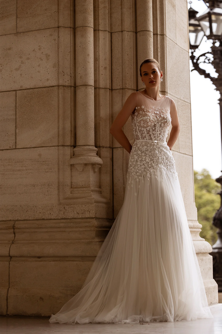 Lace Wedding Dress with Shoulder Veil – Floral Wedding Dress with Pearl Embellishments and Sheer Floral Bodice Plus Size