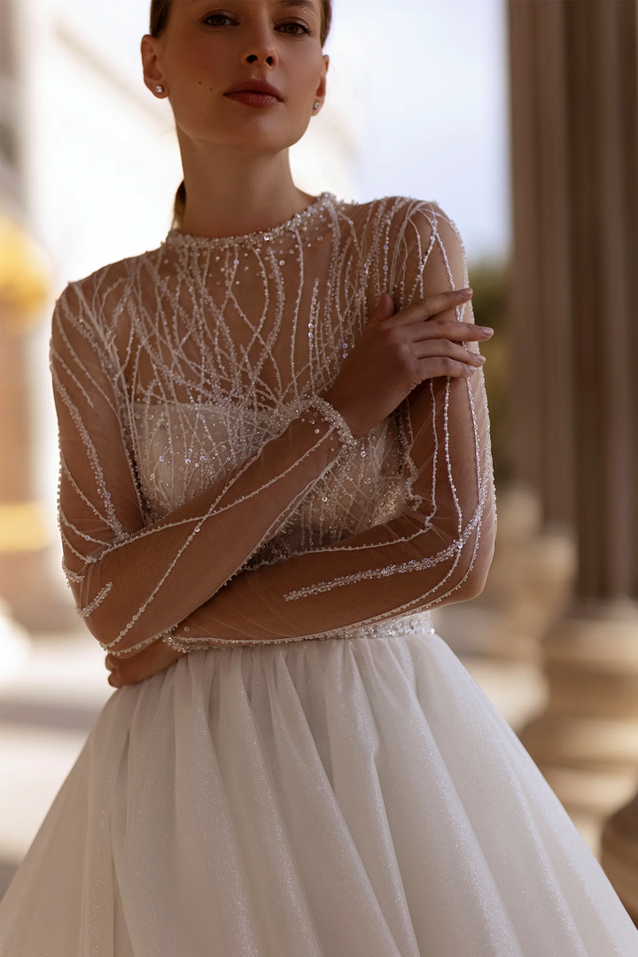 Ballgown Wedding Dresses with Sheer Long Sleeves – Crystal Wedding Dress with Sparkling Skirt and Classic Silhouette Plus Size