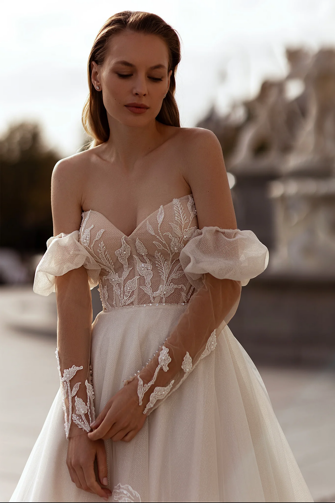 Sweetheart Wedding Dress with Long Puffed Sleeves – Floral Wedding Dress with Open Back and Wavy Skirt Plus Size