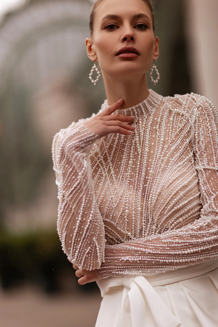 High Neck Wedding Dress with Long Sleeves – Bodice Wedding Dress with Side Bow and High Slit Skirt Plus Size