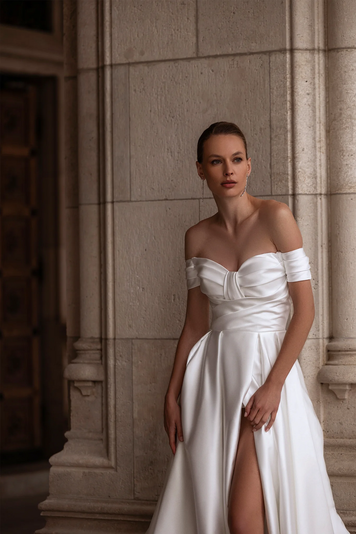 Off Shoulder Wedding Dress with Draped Bodice - Sweetheart Neckline Wedding Dress – Satin Wedding Dress with Romantic Aesthetic Plus Size