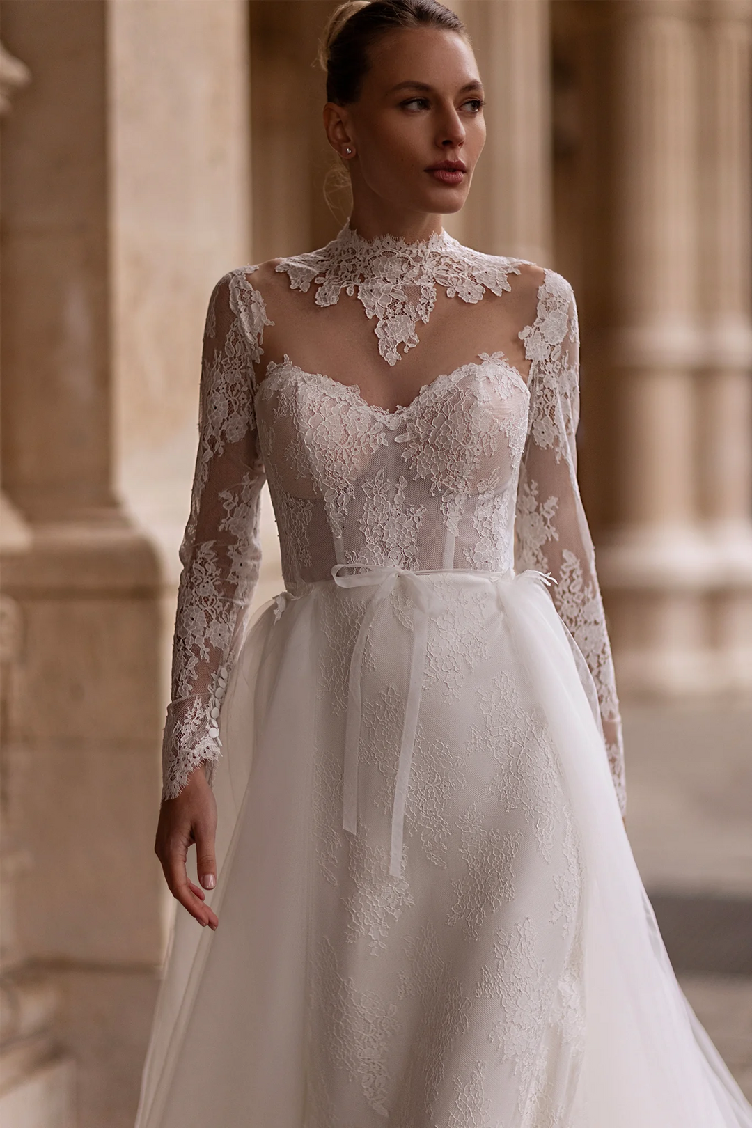 Straight Wedding Dress with Illusion Back – Lace Wedding Dress with Long Sleeves and Sheer Train Plus Size