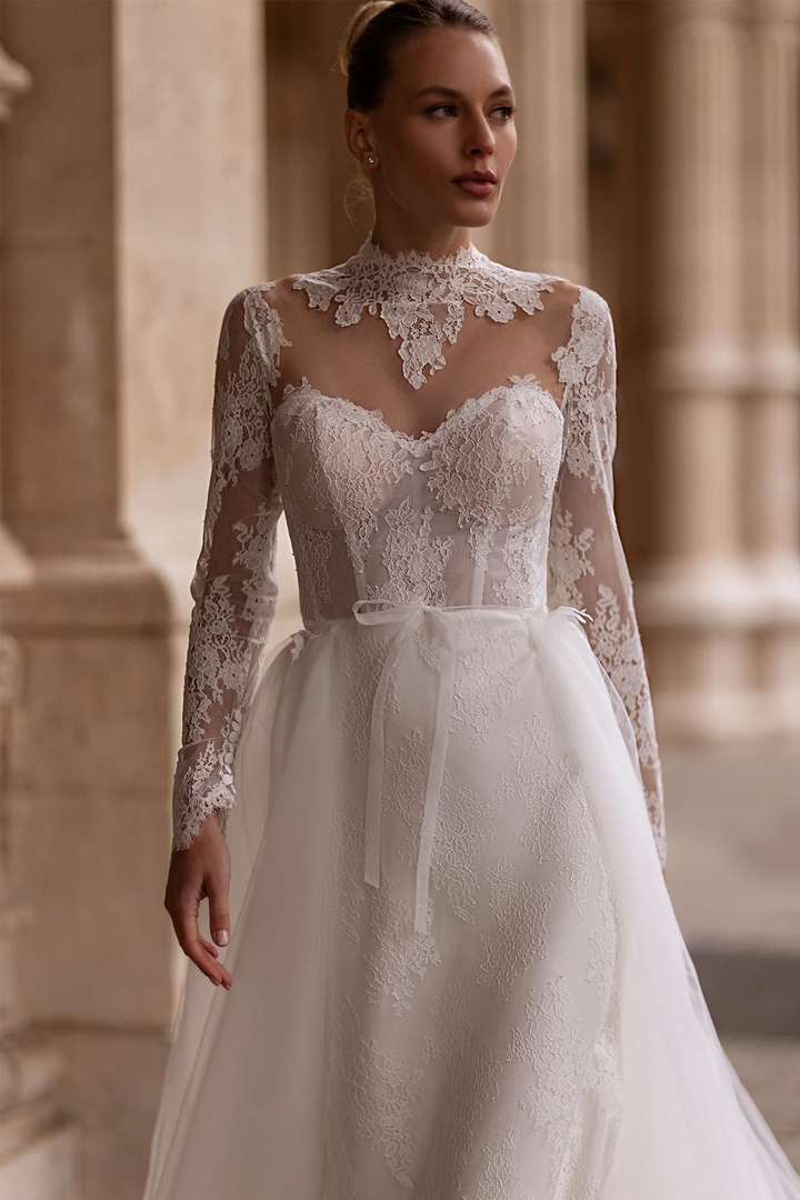 Straight Wedding Dress with Illusion Back – Lace Wedding Dress with Long Sleeves and Sheer Train Plus Size