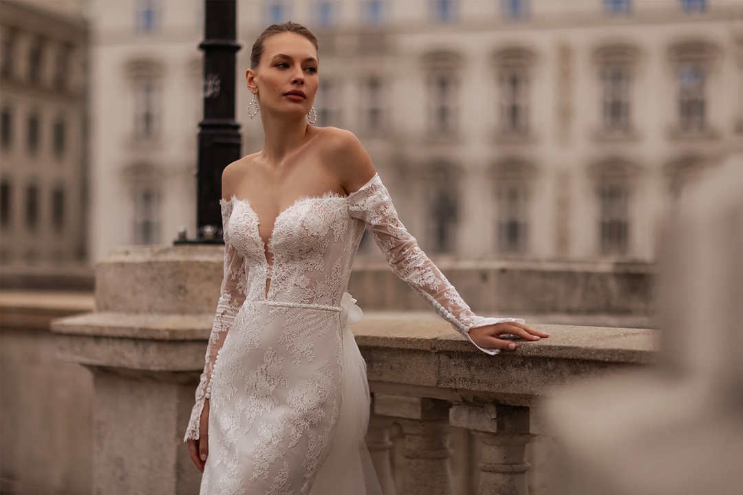 Off Shoulder Wedding Dress with Sweetheart Neckline – Straight Wedding Gown with Sheer Train and Floral Back Detail Plus Size