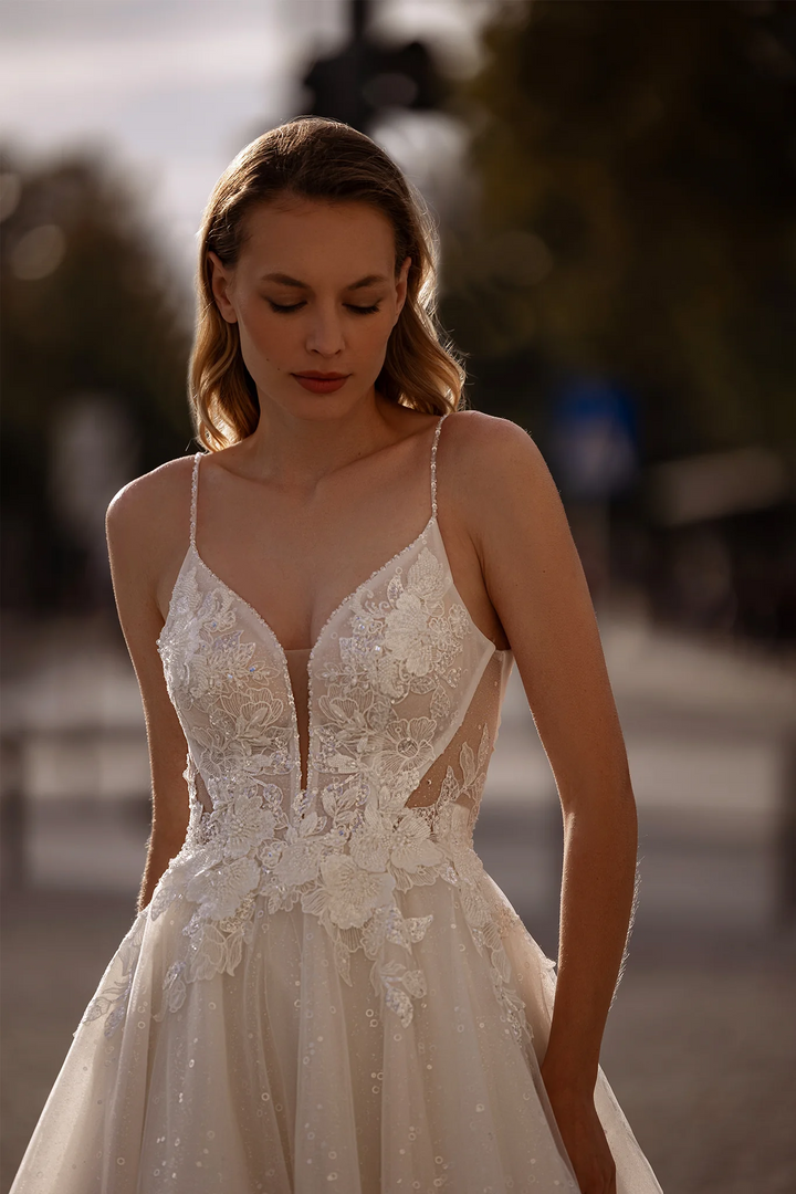 Spaghetti Strap Wedding Dress with Sparkling Lace – A-Line Wedding Dress with Sheer Back and Layered Chiffon Skirt Plus Size
