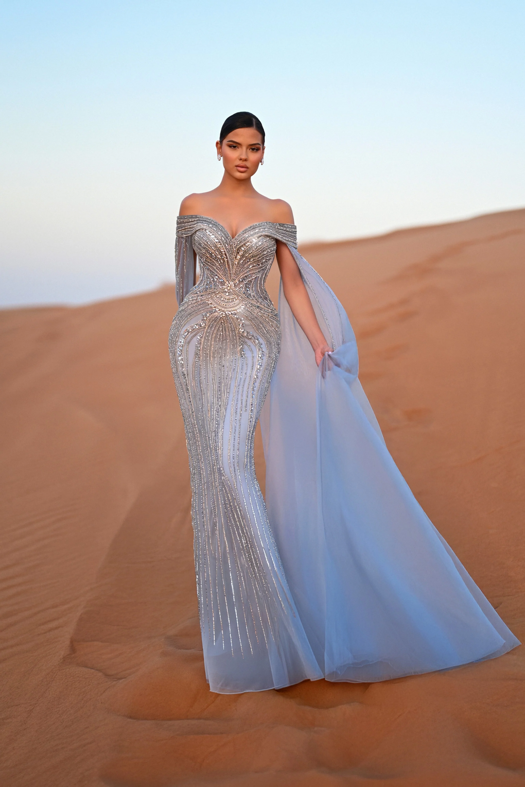 Pink Sequin Off-Shoulder Evening Gown with Crystal Beaded Detailing – Embellished Designer Gown with Flowing Sheer Train Plus Size