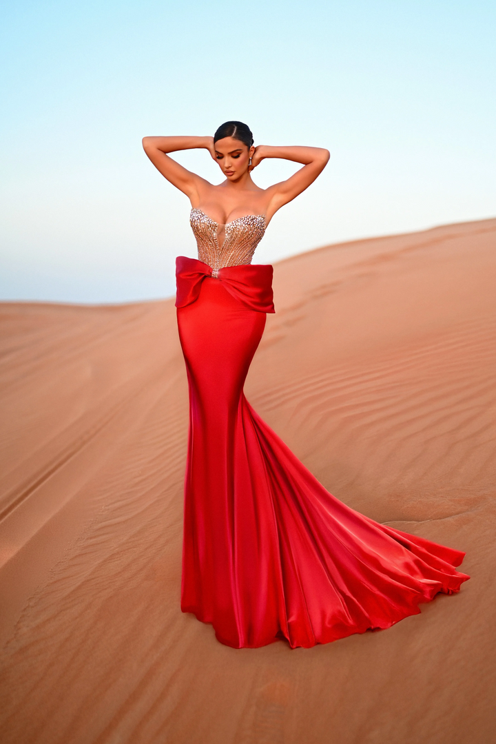 Red Designer Sequin Gown with Strapless with Crystal Beaded Corset - Glitter Maxi Dress with Bow Plus Size