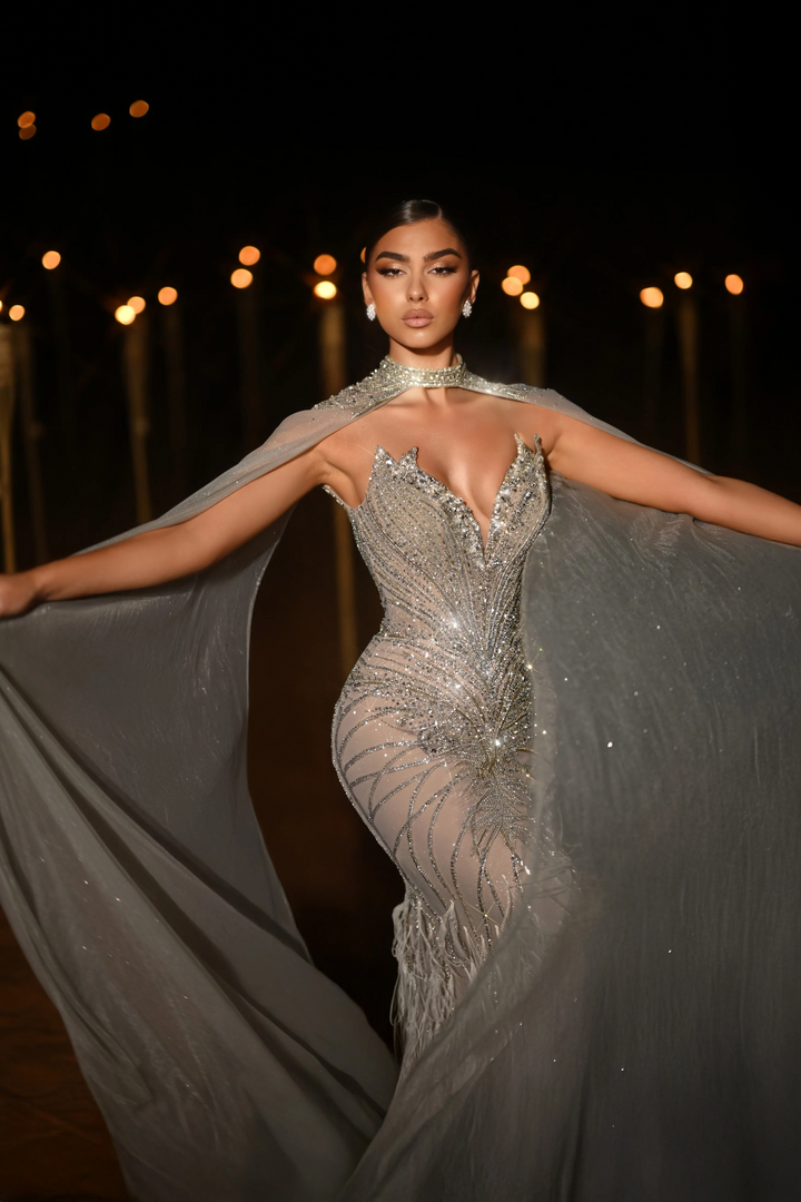 Champagne Sequin and Feather Dress - Designer Sequin Gown with Beaded Corset – Strapless Glitter Dress with Sheer Cape and High Slit Plus Size