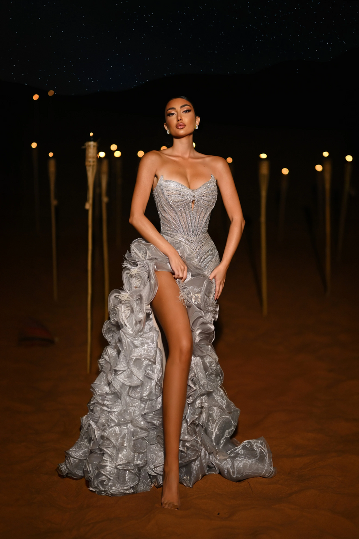 Red Strapless Ruffled Evening Gown with High Slit and Crystal Beaded Detailing – Designer Sequin Gown with Dramatic Ruffles Plus Size