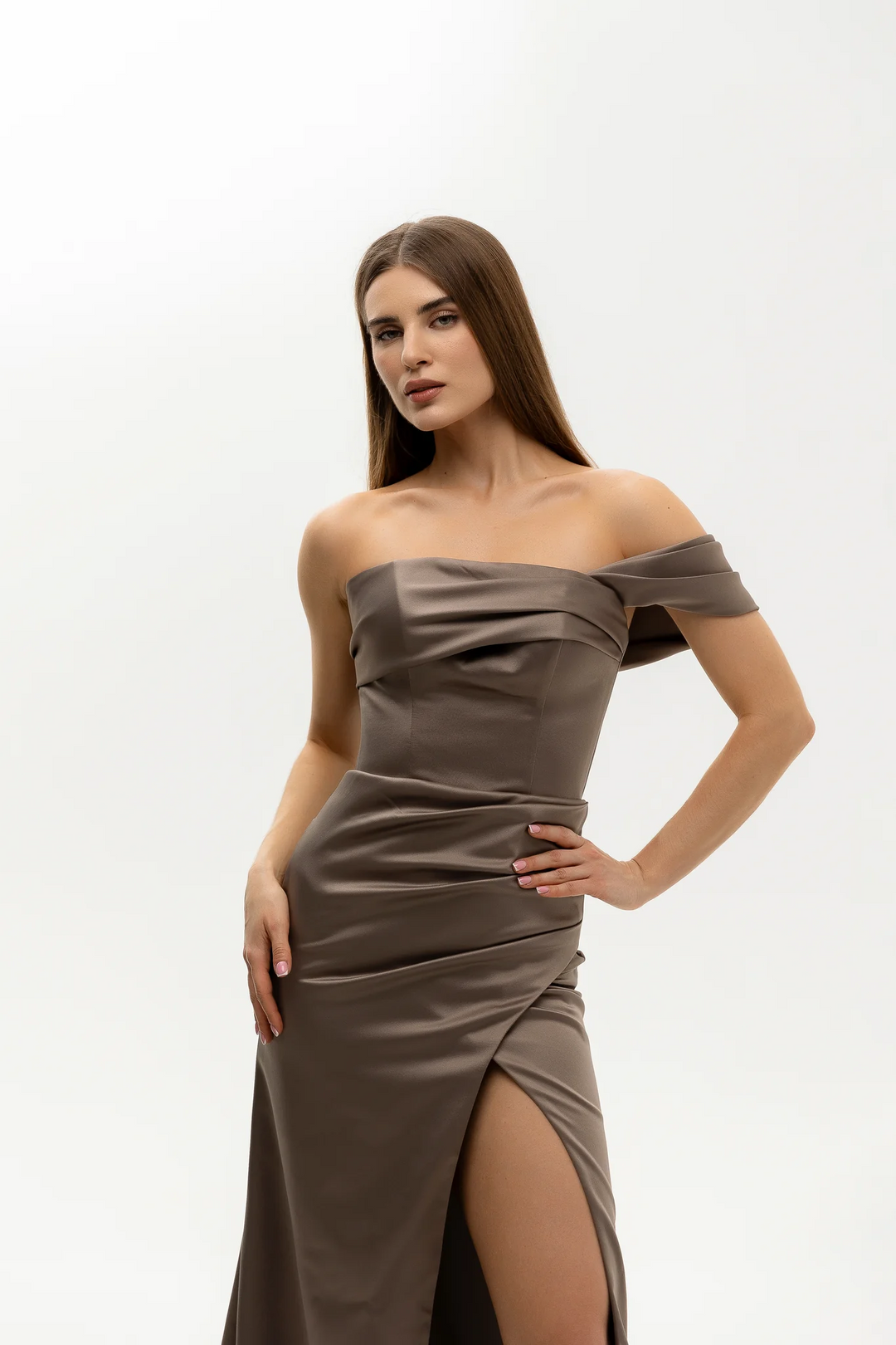 Brown Off the Shoulder Evening Dress – Evening Dress Designer with Structured Bodice Plus Size