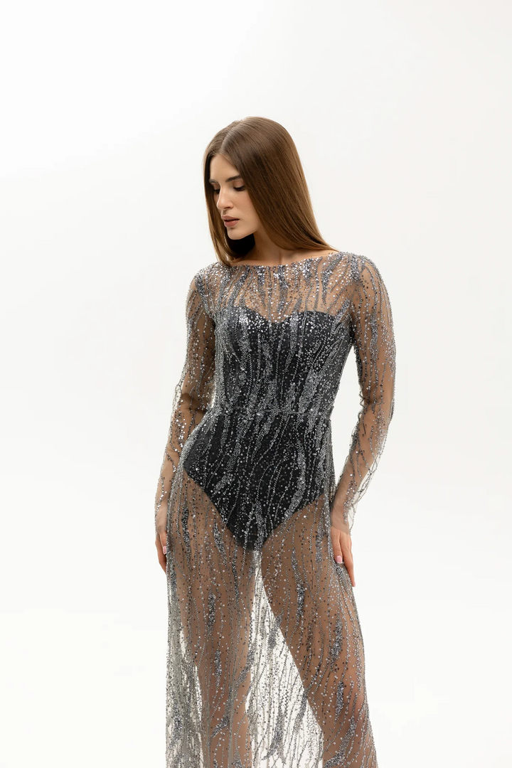 Black Designer Dress with Sheer Long Sleeves – Sequin Evening Gown with Fitted Bodice and Layered Look Plus Size