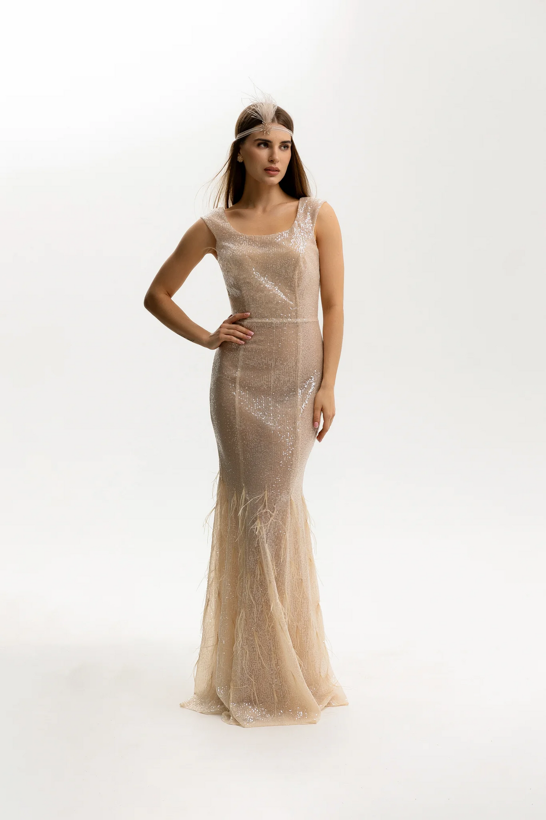 Champagne Evening Gown with Sequin – Sequin and Feather Dress - Form Fitting Formal Dresses  with Glamorous Silhouette Plus Size