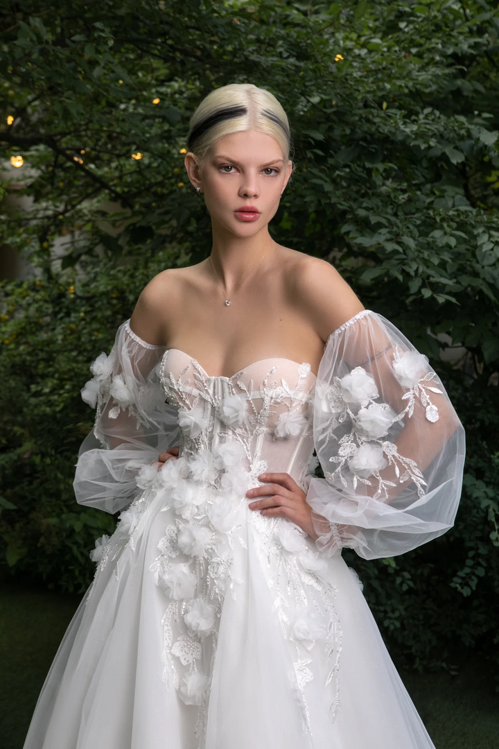 Ivory Tulle Wedding Gown with 3D Flowers – Applique Wedding Dress with Convertible Sleeves and Elegant Train Plus Size - Madalyn